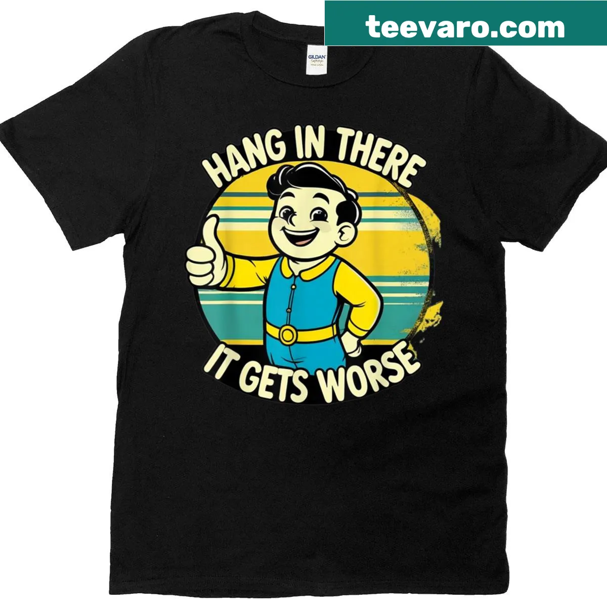 Dark humor T-shirt featuring the phrase 'Hang In There It Gets Worse.' — on a men's t-shirt