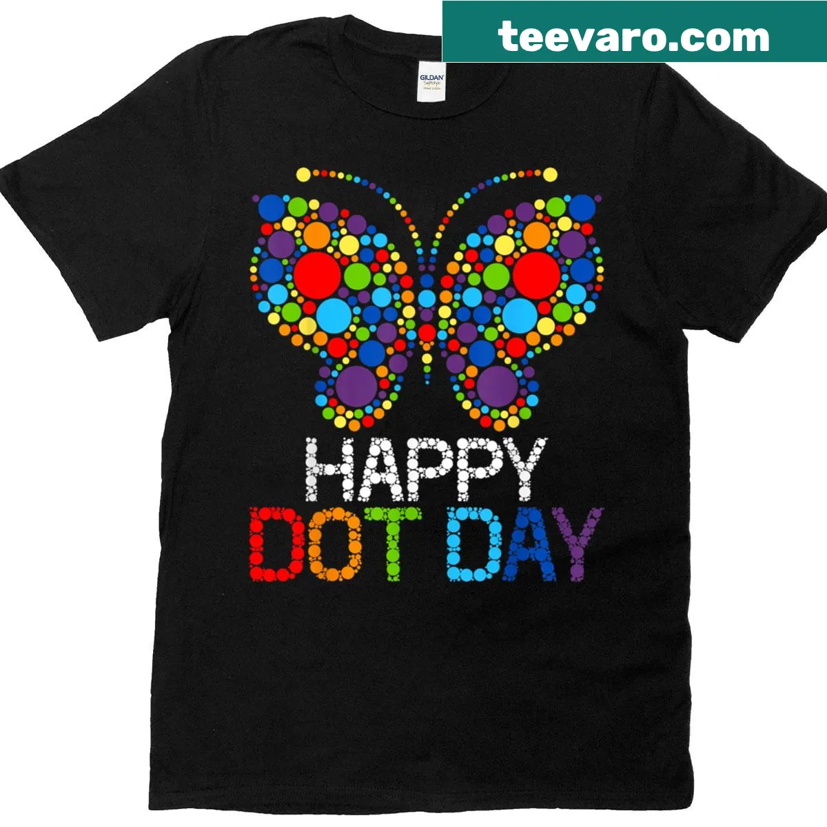 Happy Dot Day T-shirt with butterfly and polka dot design for kids. — on a men's t-shirt