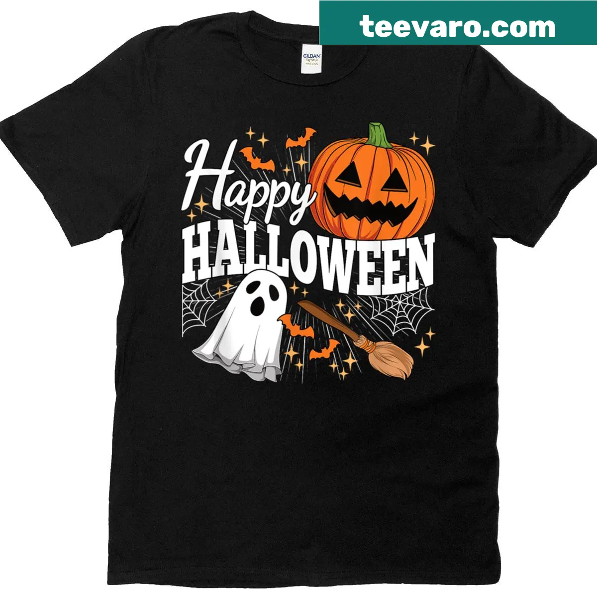 Happy Halloween shirt with ghosts and pumpkins graphic — on a men's t-shirt
