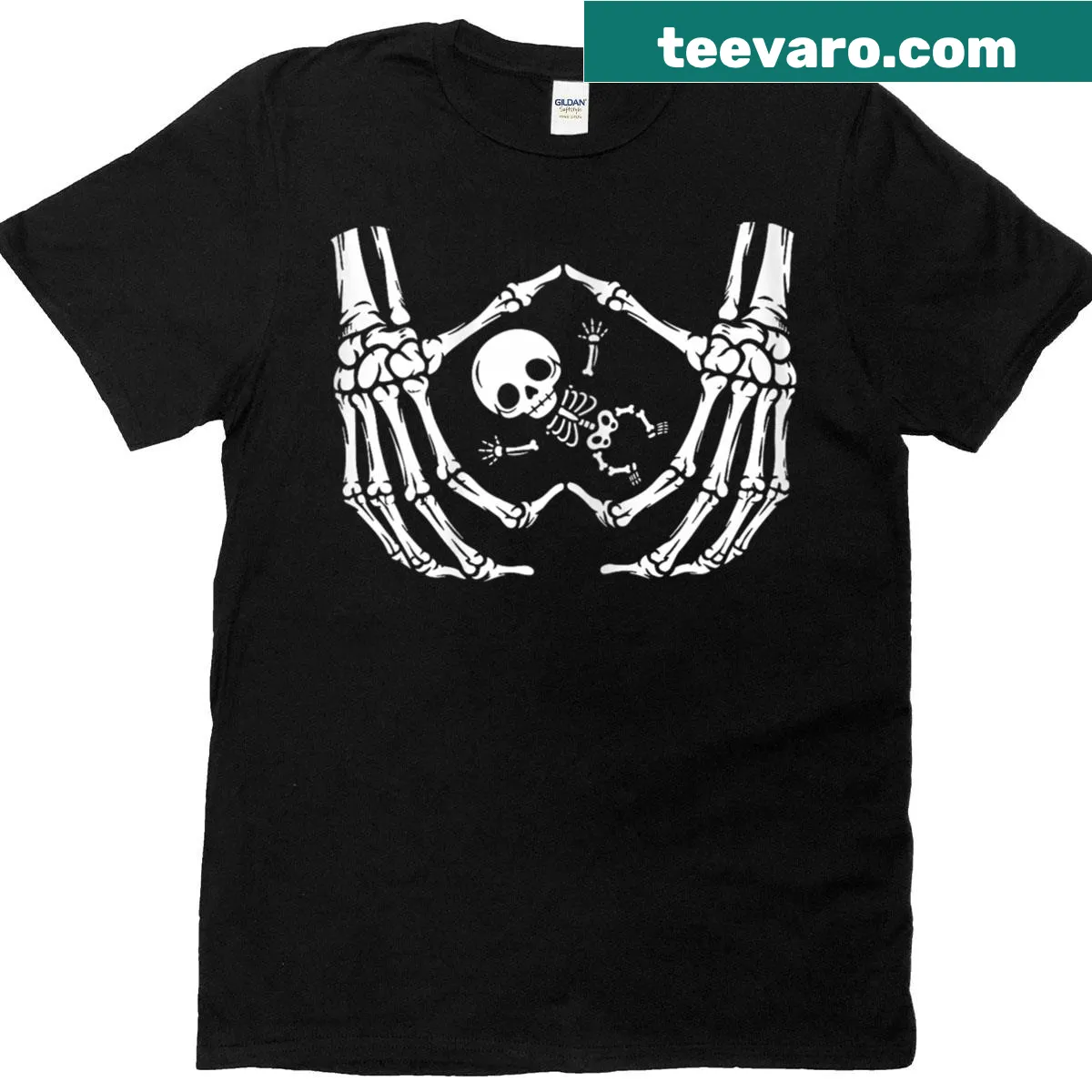 Illustration of a pregnant skeleton baby on Halloween T-shirt — on a men's t-shirt