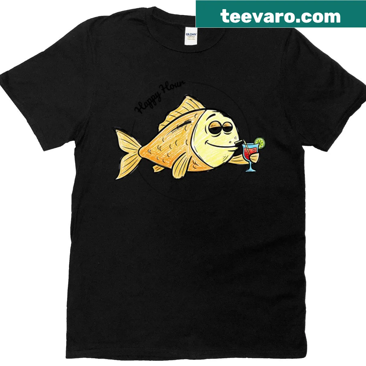 Whimsical fish enjoying a cocktail in a playful graphic — on a men's t-shirt