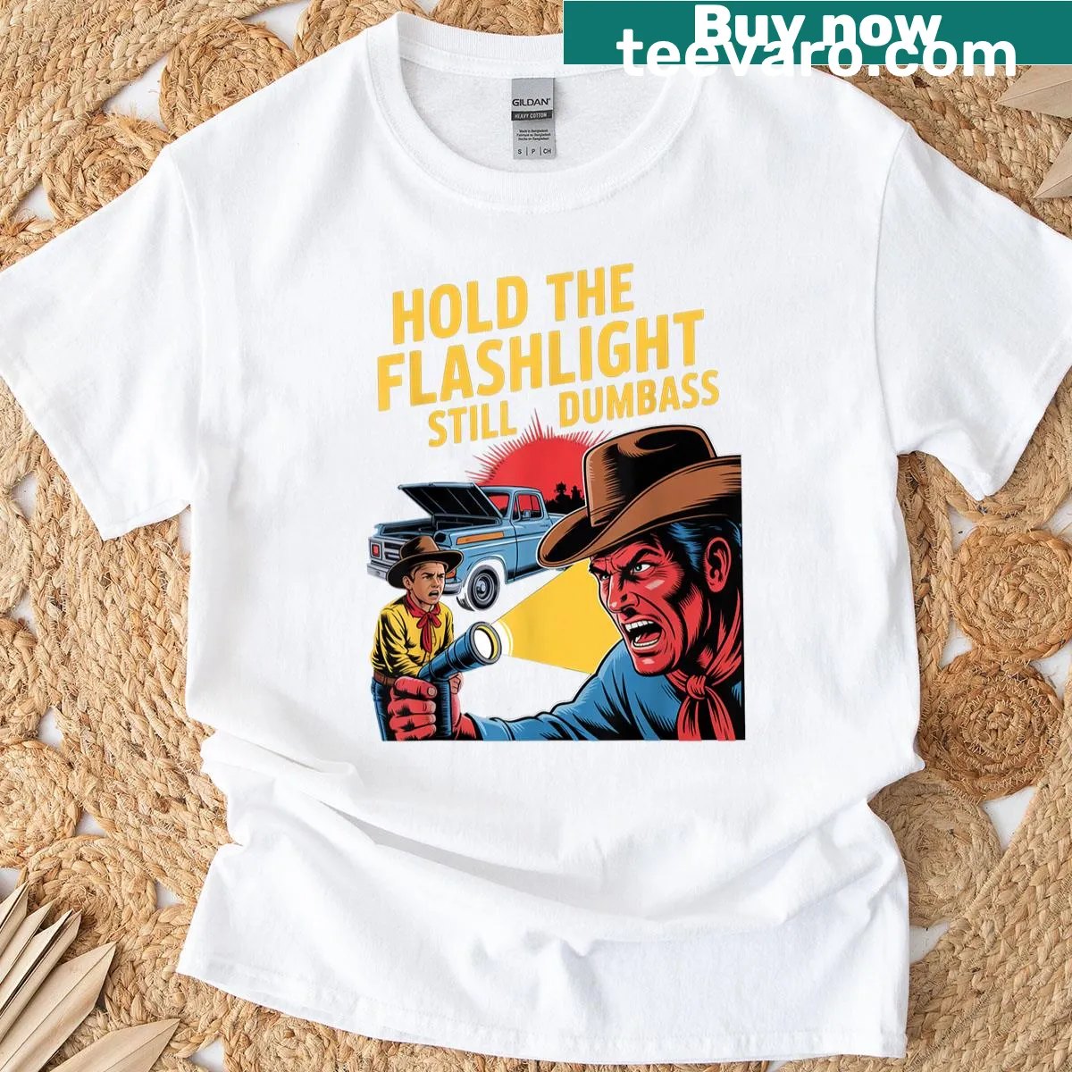 Funny dad-son T-shirt about fixing cars with humorous text — on a men's t-shirt