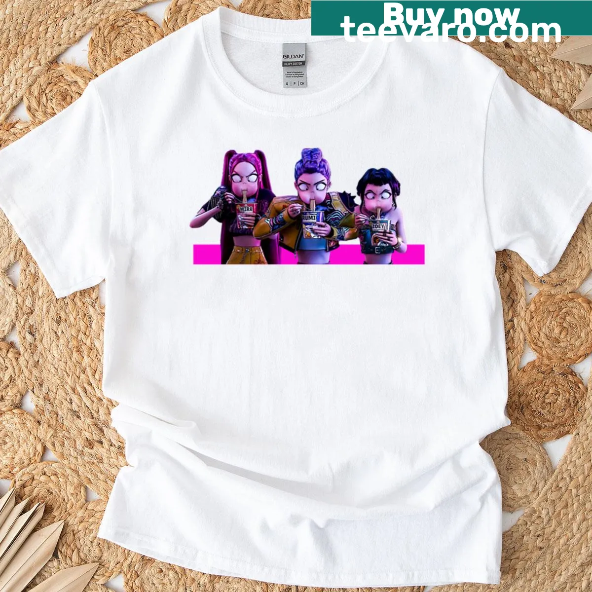 Huntrix Kpop Demon Hunters T-shirt featuring dynamic character art — on a men's t-shirt