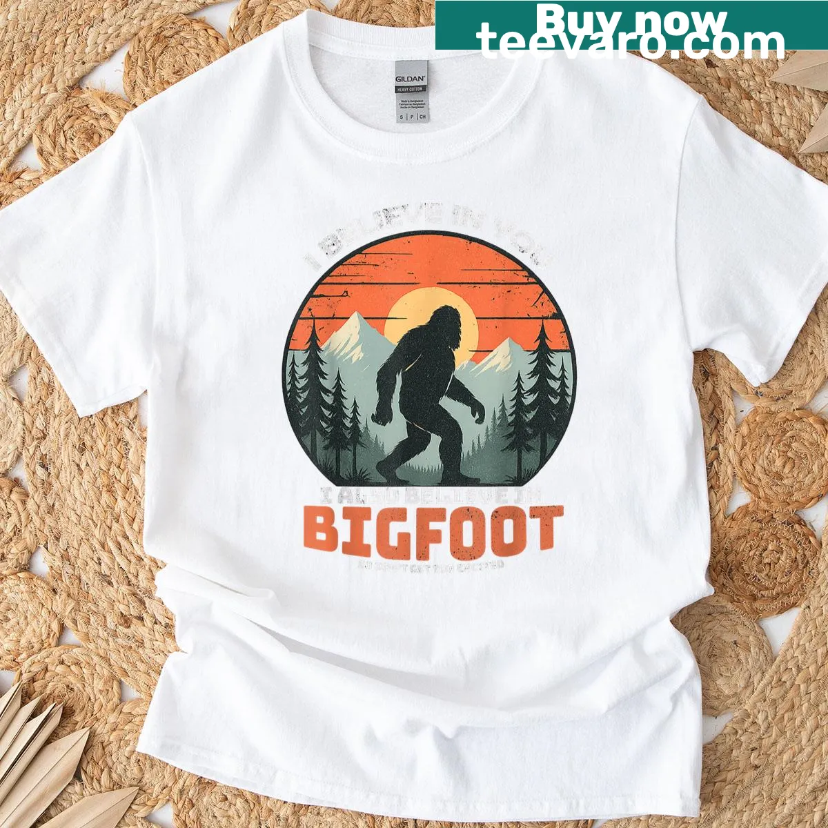 Funny shirt with text about believing in Bigfoot — on a men's t-shirt