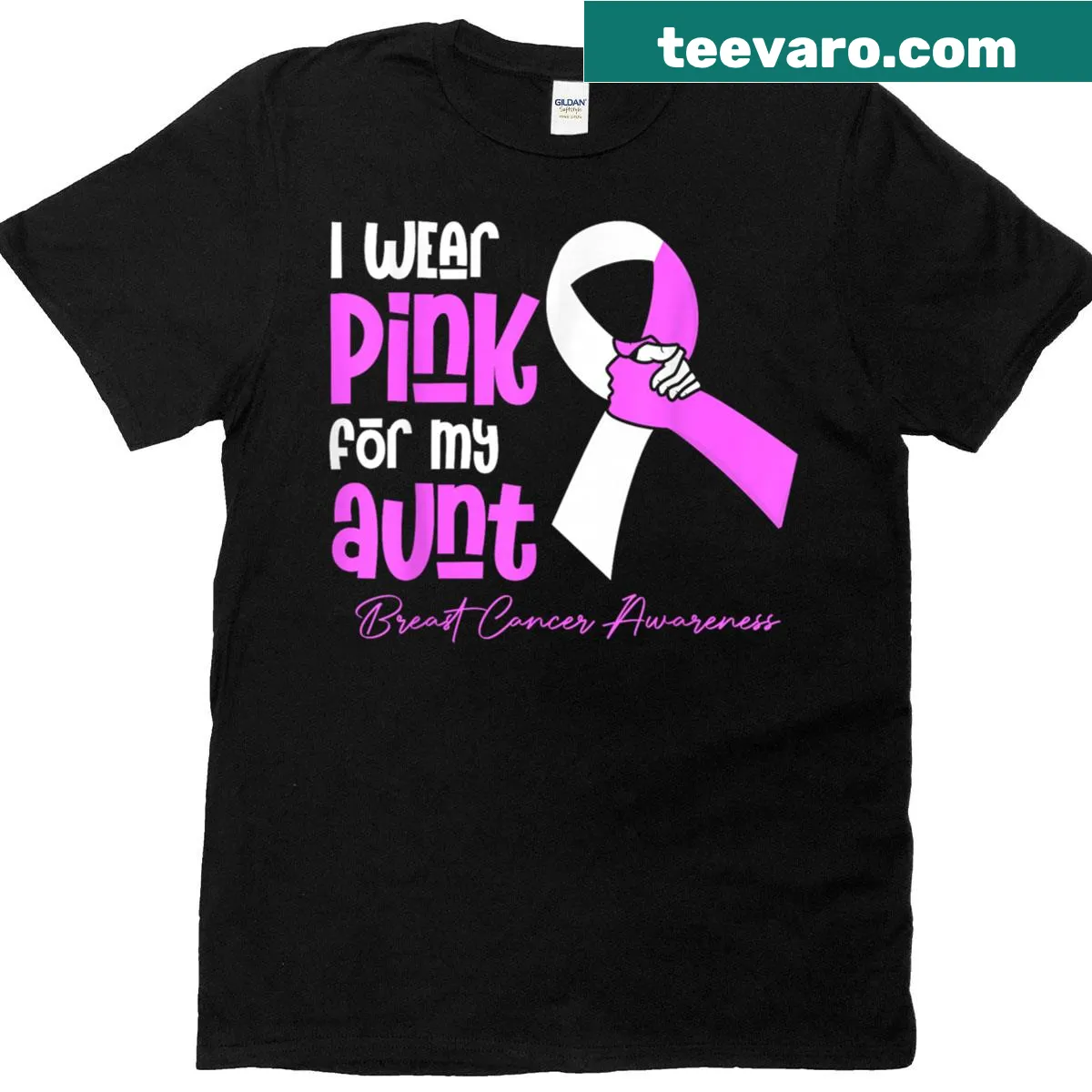 Pink breast cancer awareness ribbon graphic t-shirt — on a men's t-shirt