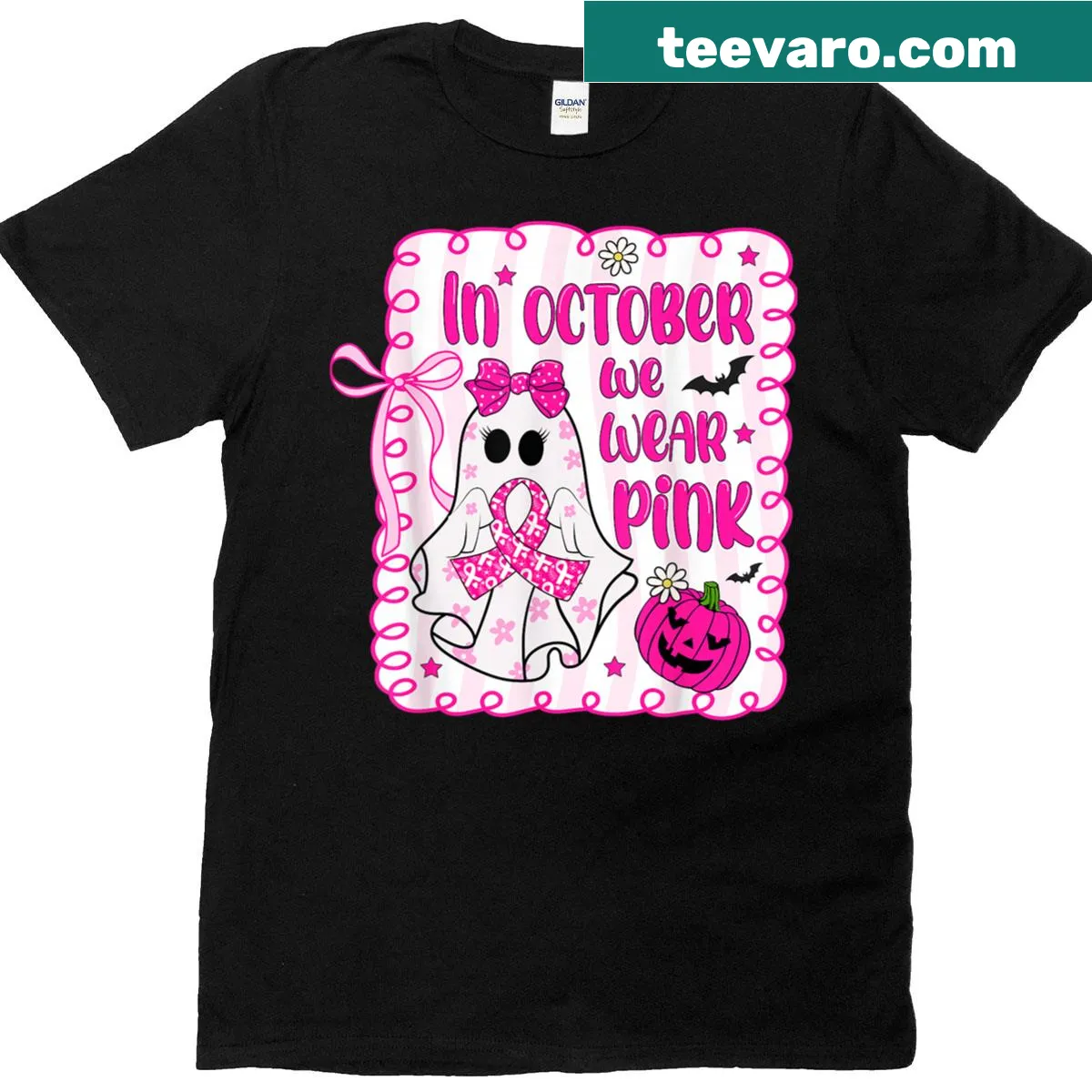 Whimsical October-themed design with pink ribbon and ghost — on a men's t-shirt
