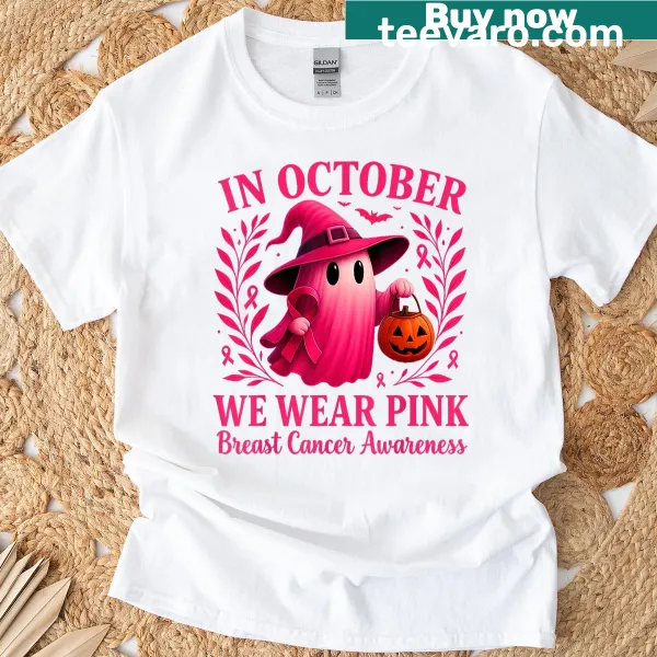 Charming pink witch illustration on a breast cancer awareness tee
