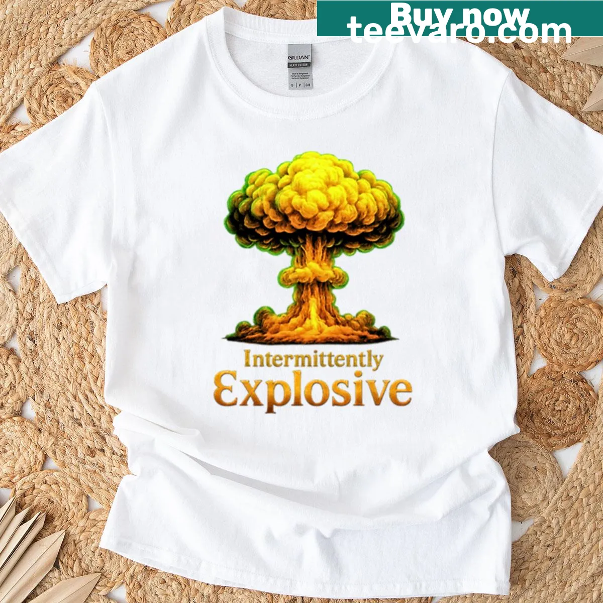 Cartoon mushroom cloud illustration graphic t-shirt — on a men's t-shirt