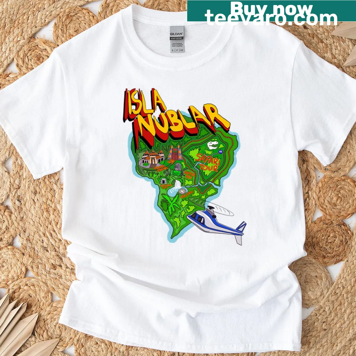 Sci-fi movie inspired Isla Nublar Park map t-shirt — on a men's t-shirt
