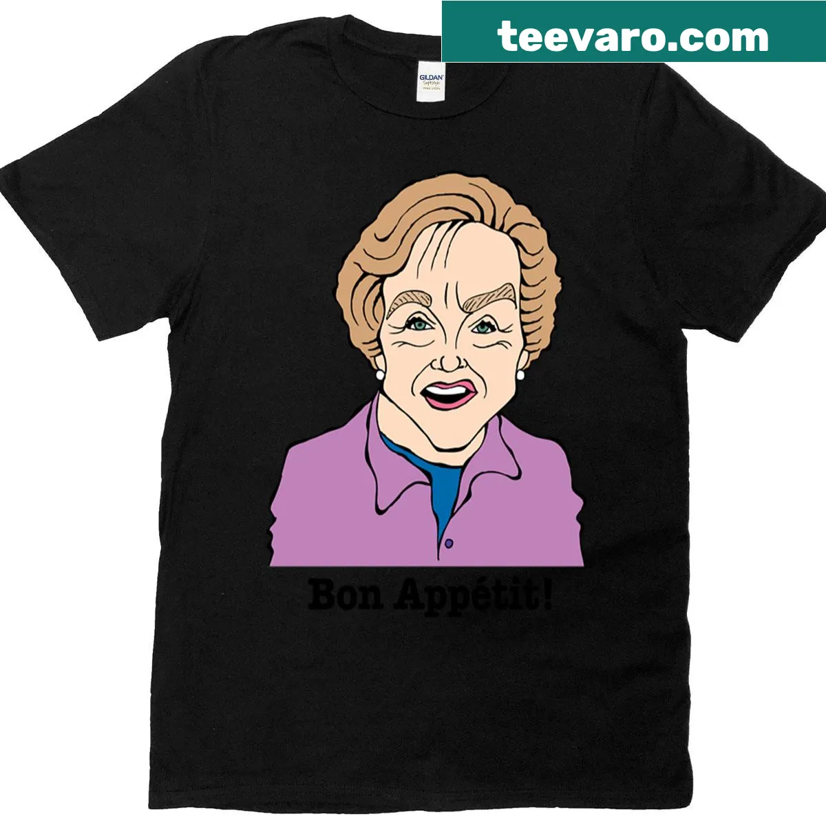 Illustration of Julia Child with kitchen tools in fan art style — on a men's t-shirt