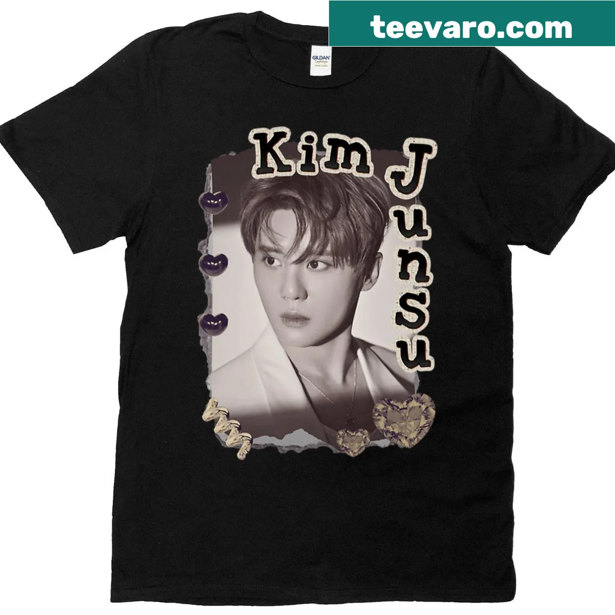 Vintage collage t-shirt featuring Junsu from Kpop — on a men's t-shirt