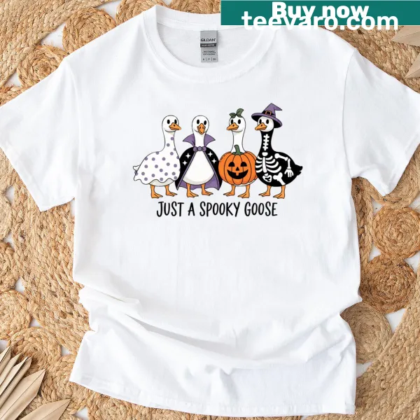 Funny Halloween T-shirt featuring a cartoon spooky goose as a witch