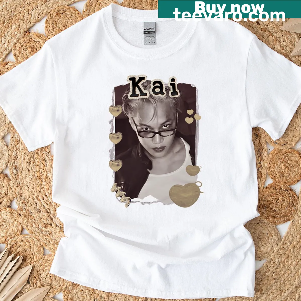 Vintage-style T-shirt featuring Kai from Exo in a scrapbook collage — on a men's t-shirt