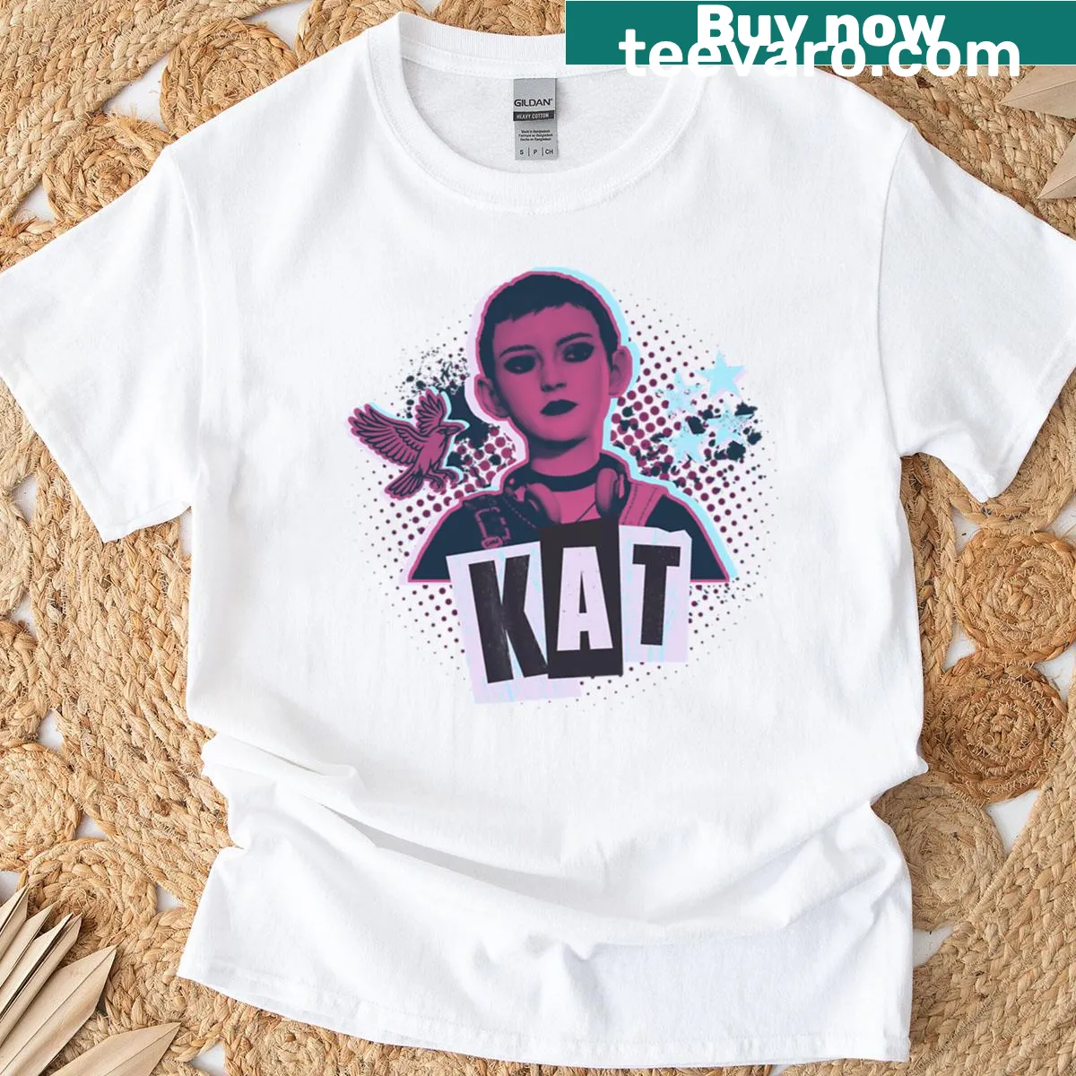 90s grunge T-shirt featuring Kat Mikaelsen with short hair and music-themed design — on a men's t-shirt