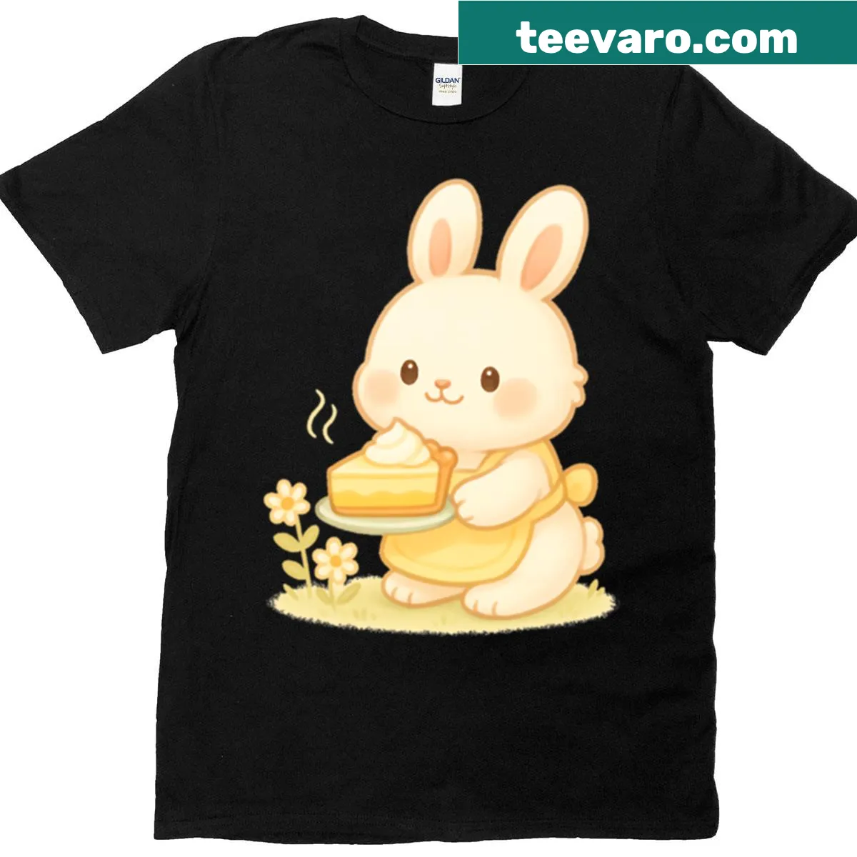 Adorable T-shirt featuring a kawaii bunny and lemon pie illustration — on a men's t-shirt
