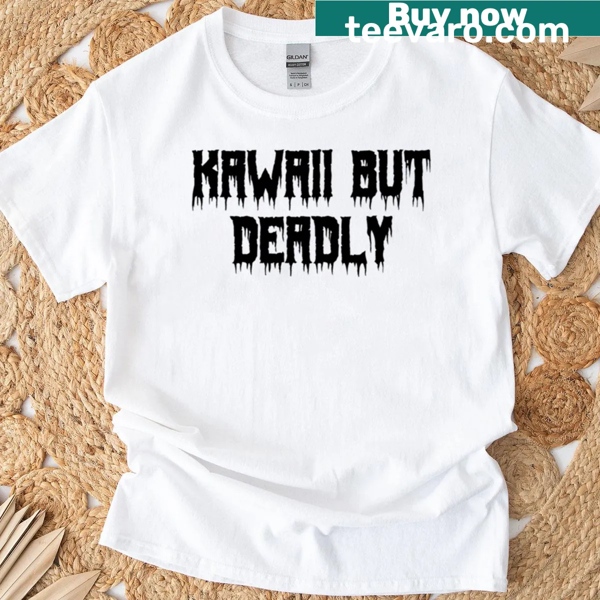 Playful design stating 'Kawaii But Deadly' with cartoon elements — on a men's t-shirt