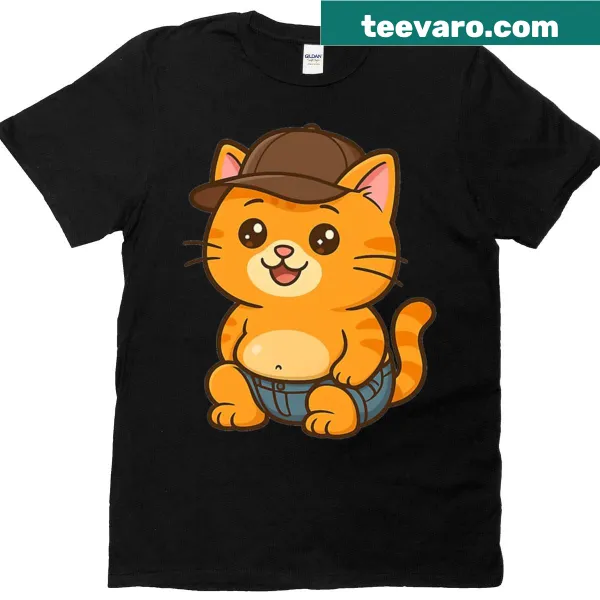 Cartoon graphic of a chubby orange cat wearing jeans and a hat