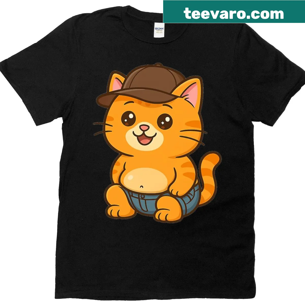 Cartoon graphic of a chubby orange cat wearing jeans and a hat — on a men's t-shirt