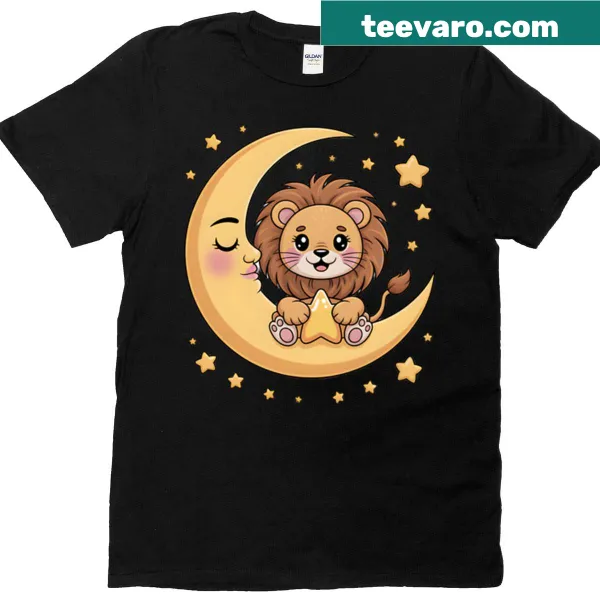 Charming T-shirt with a kawaii lion on a crescent moon illustration