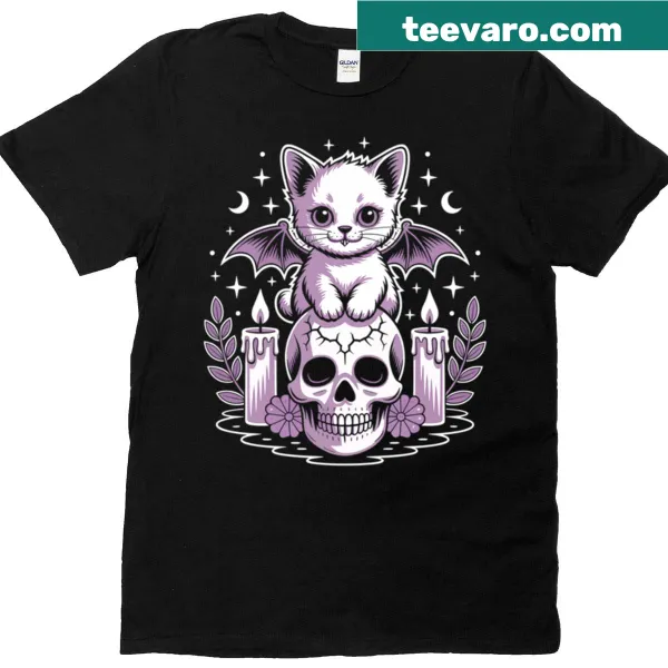 Kawaii style T-shirt with a cute cat bat skeleton in pastel colors