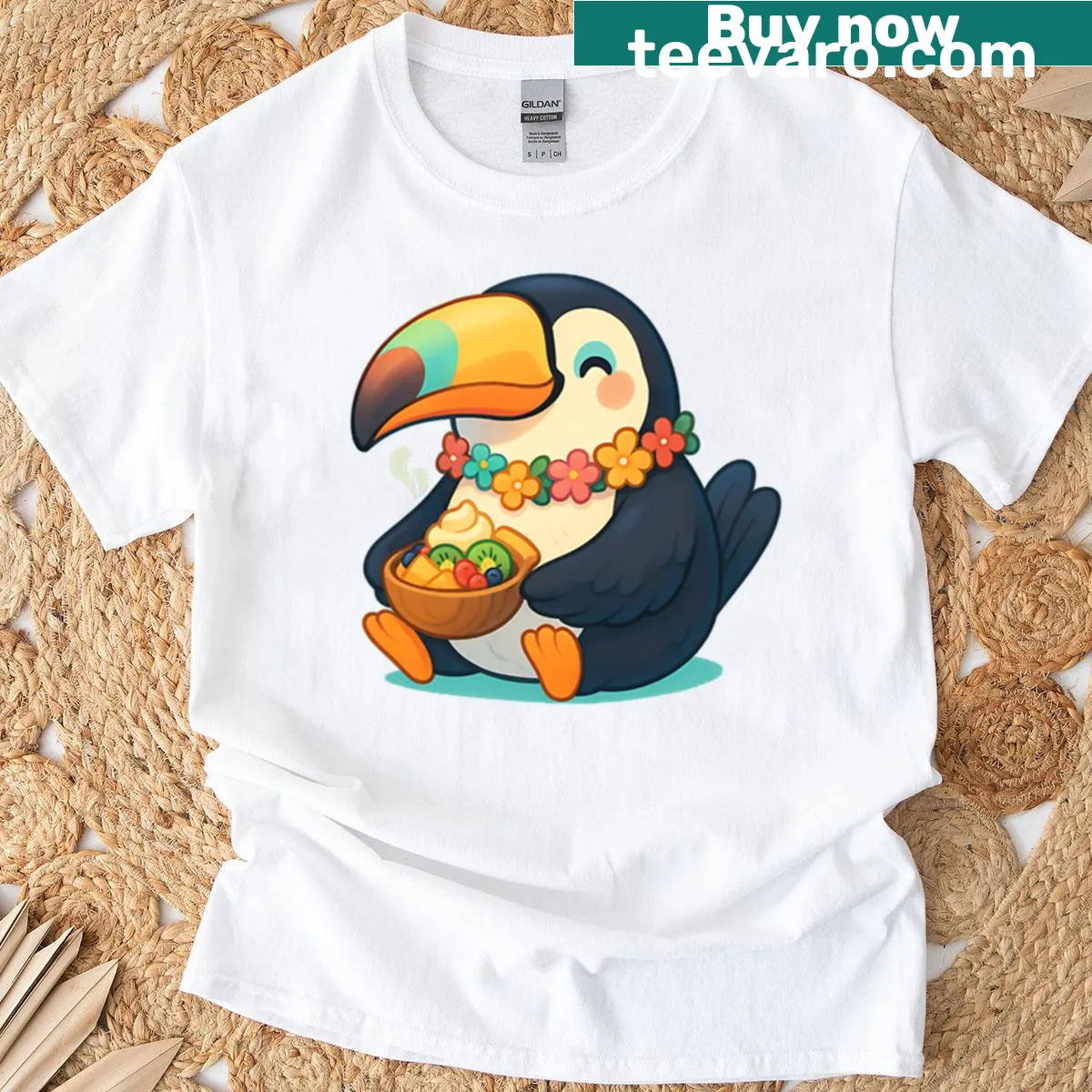 Kawaii toucan and tropical fruits illustration on a T-shirt — on a men's t-shirt