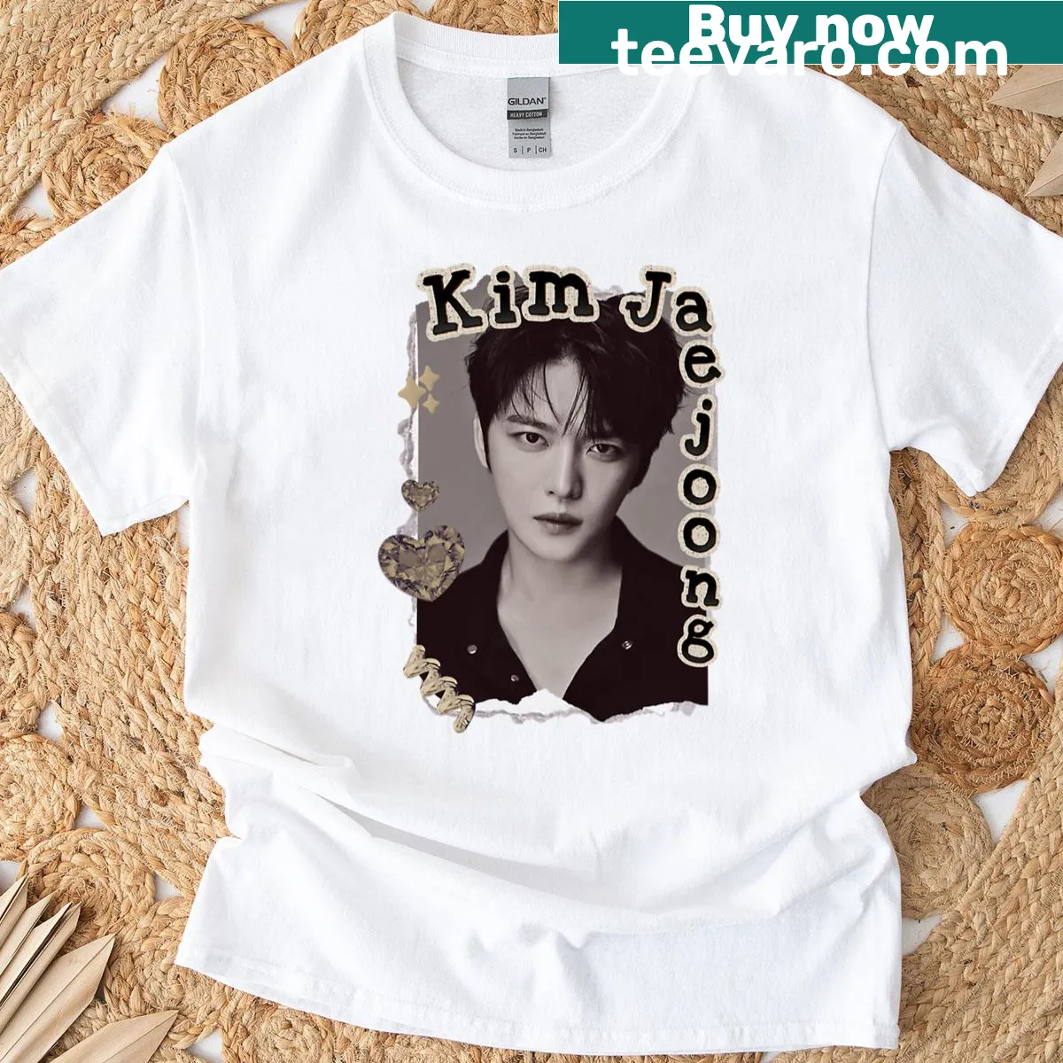 Vintage collage T-shirt featuring Kim Jae-joong in a scrapbook style — on a men's t-shirt