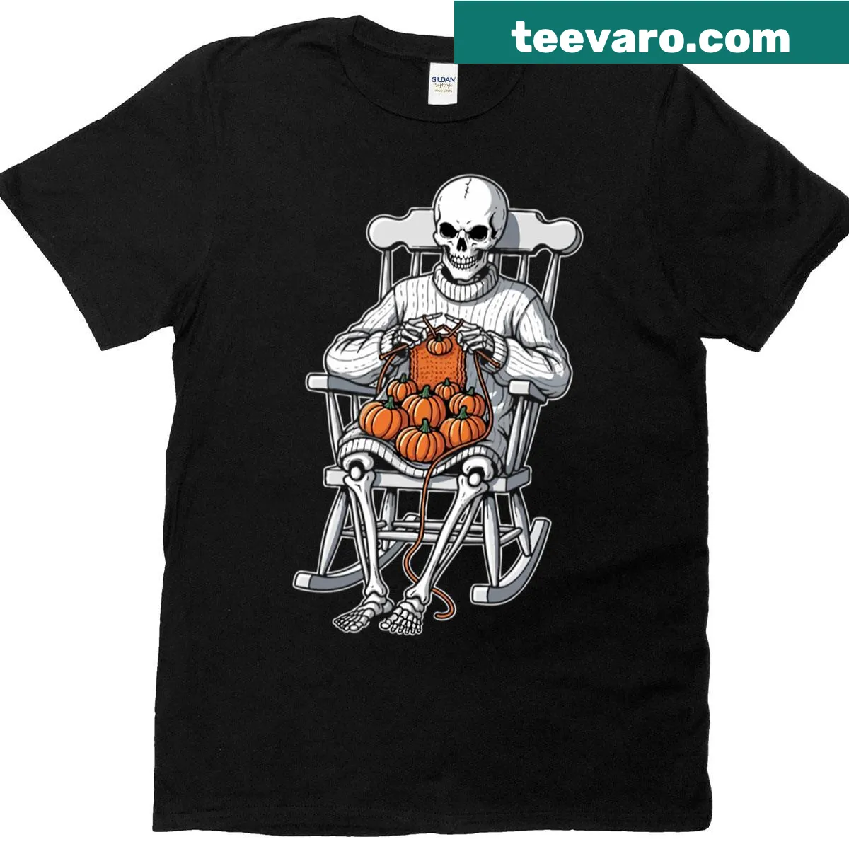 Funny Halloween t-shirt featuring a knitting skeleton design — on a men's t-shirt