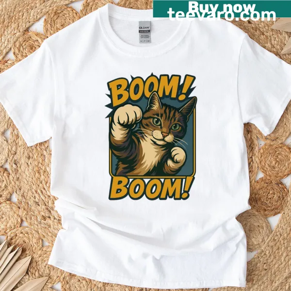 Dynamic illustration of a striking cat on a t-shirt