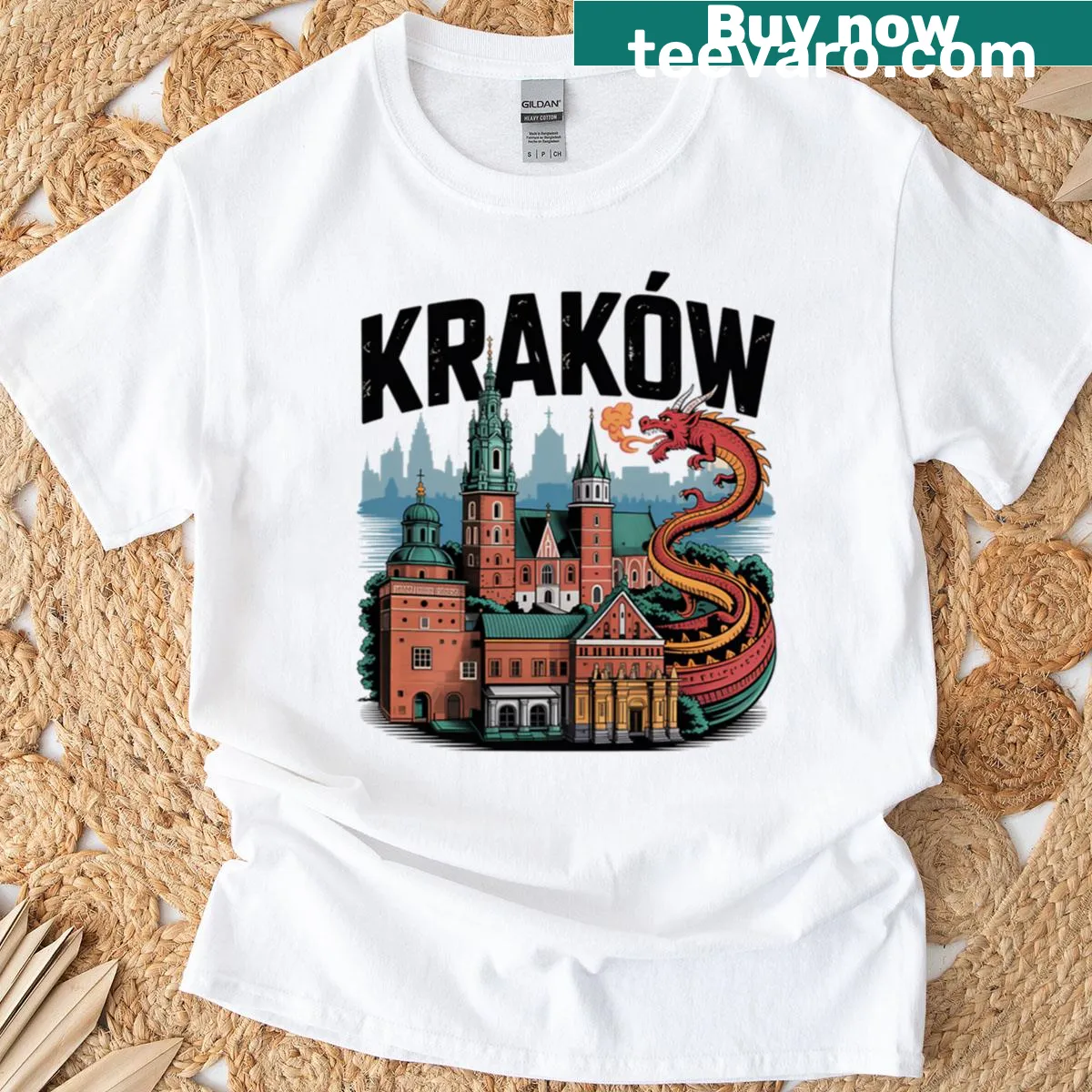 Illustrated t-shirt featuring Wawel Dragon and Krakow cityscape — on a men's t-shirt