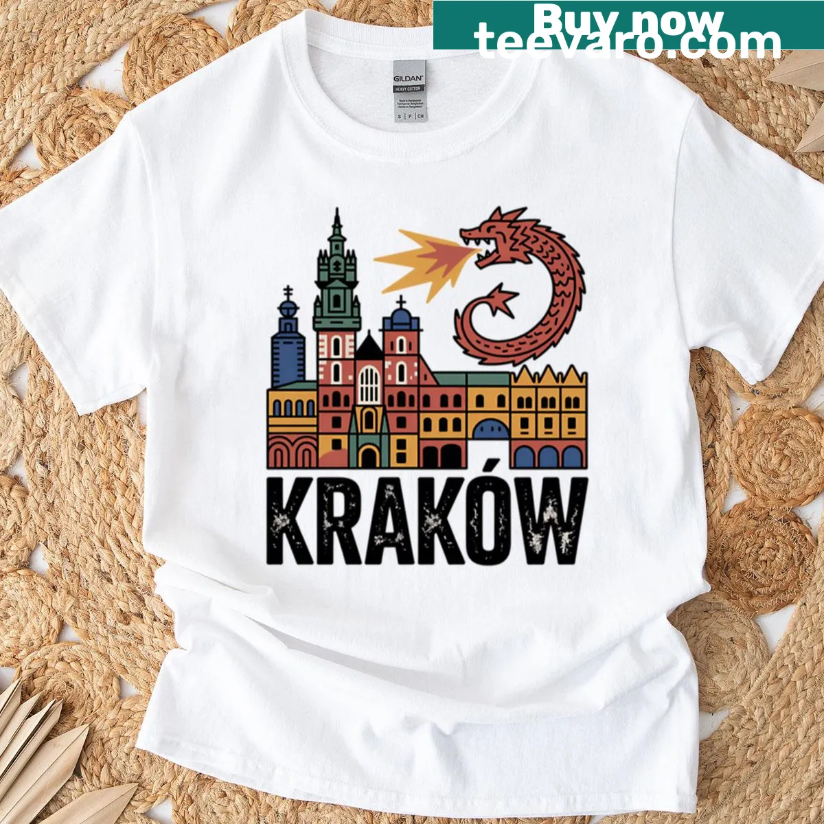 Illustrated T-shirt featuring Krakow's Wawel Dragon and landmarks. — on a men's t-shirt