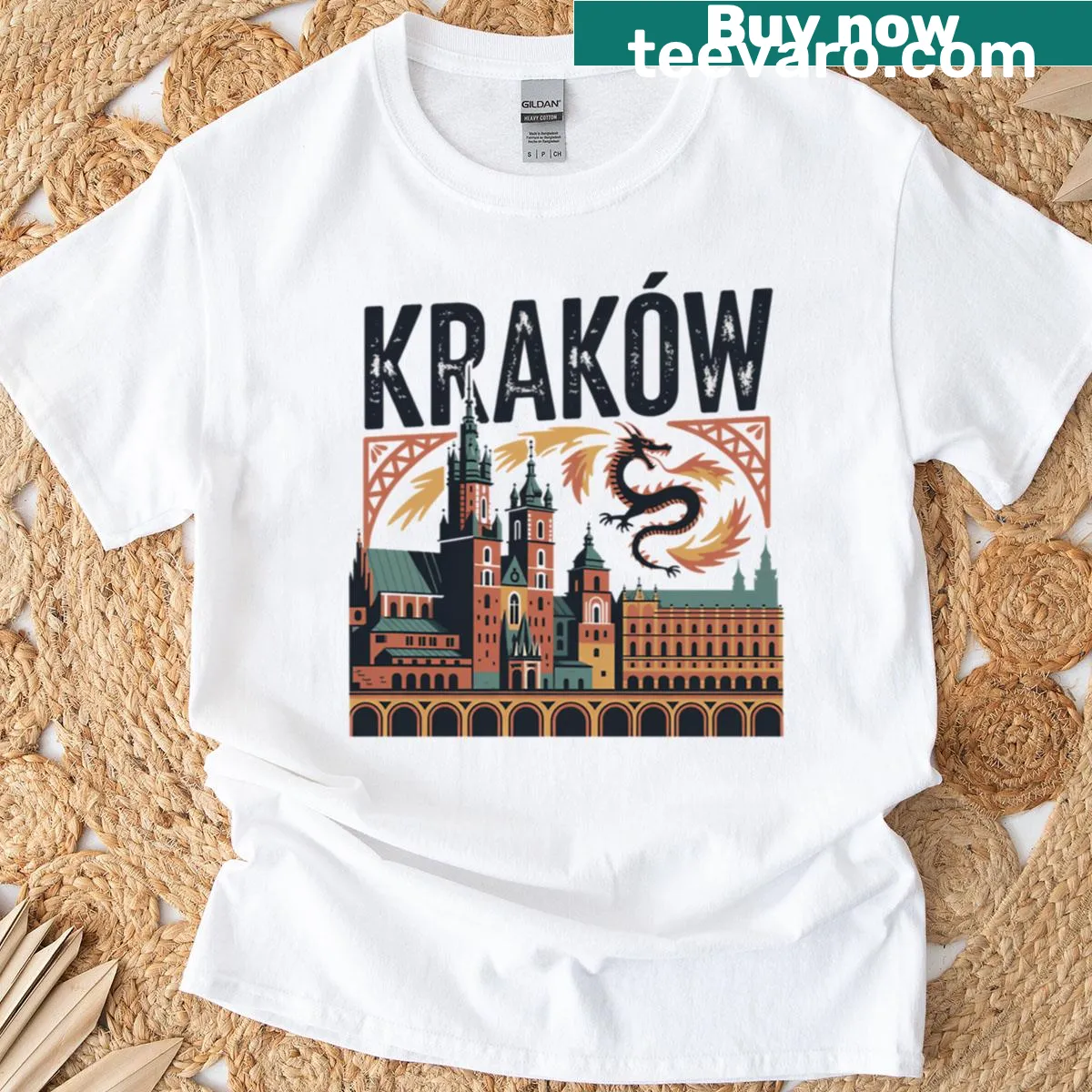 Vintage travel poster-style T-shirt depicting Krakow landmarks and Wawel Dragon. — on a men's t-shirt