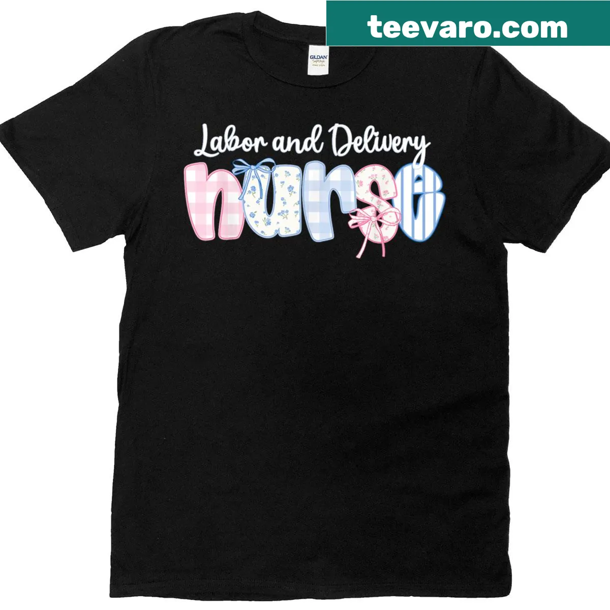 Illustration of a bow and baby theme for Labor and Delivery Nurses — on a men's t-shirt