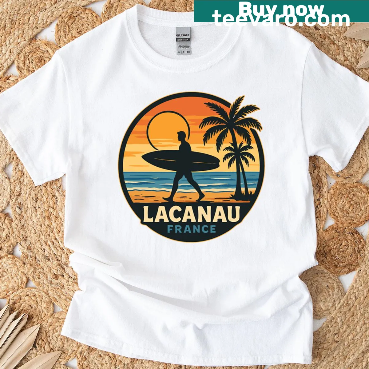 Beach-themed Lacanau surfing illustration on a summer t-shirt — on a men's t-shirt