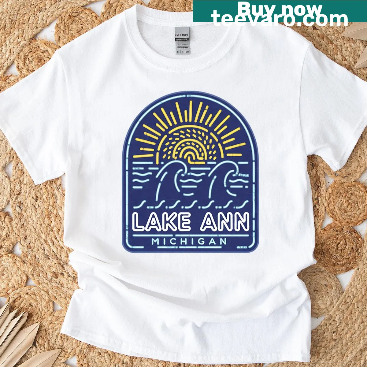 Lake Ann Michigan T-shirt with a neon light sign design — on a men's t-shirt