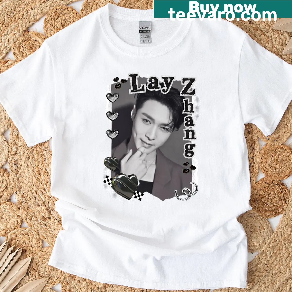 Black and white digital portrait of Lay Zhang from Exo on a T-shirt. — on a men's t-shirt