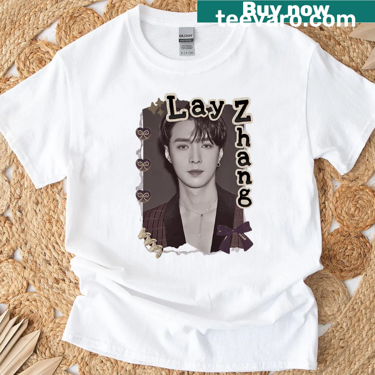Vintage scrapbook collage design featuring Lay Zhang from Exo on a t-shirt — on a men's t-shirt