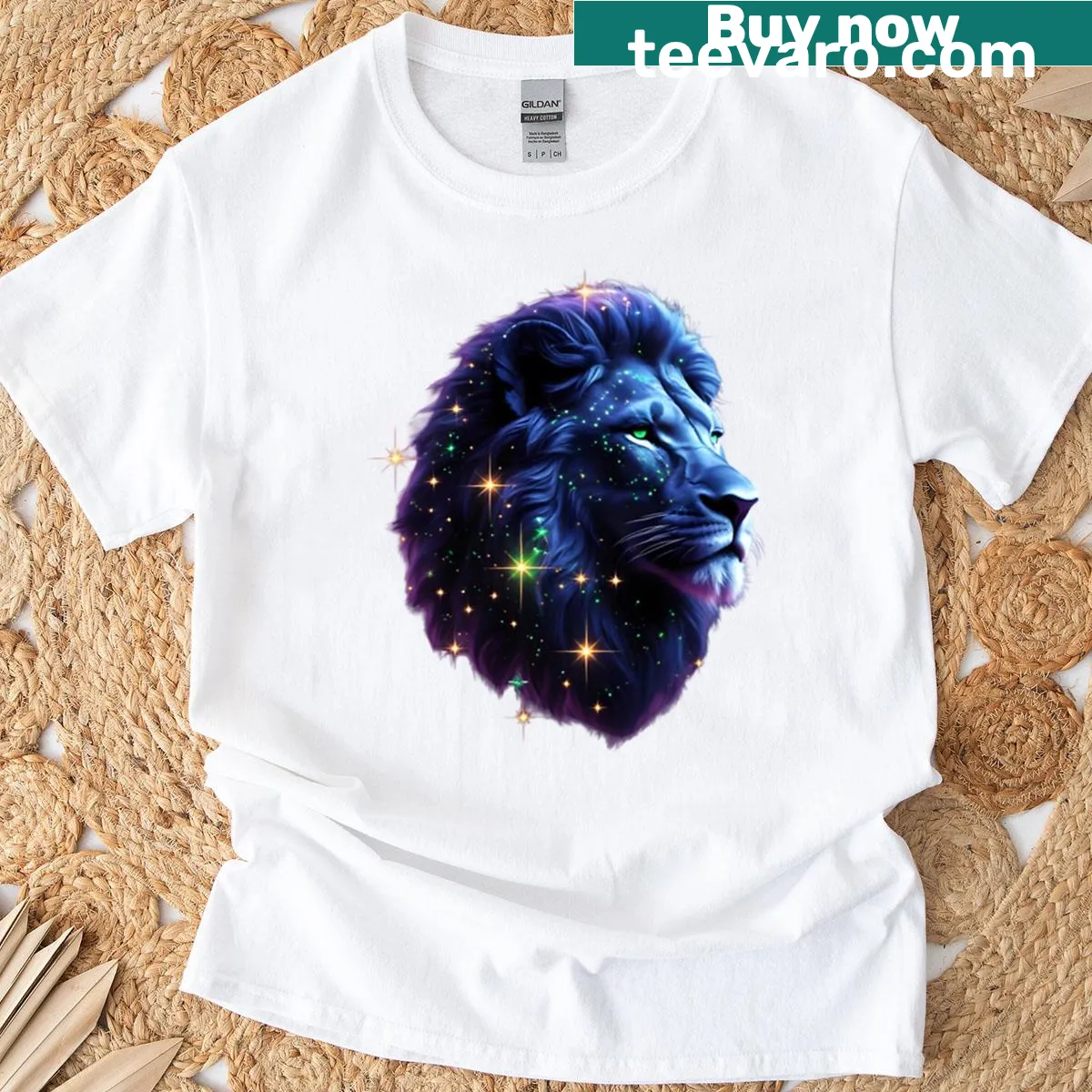 Lion's head formed by the Leo constellation on a t-shirt — on a men's t-shirt