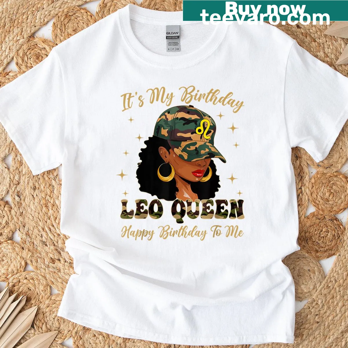Illustration of a Black woman in cap and camo, celebrating her birthday — on a men's t-shirt