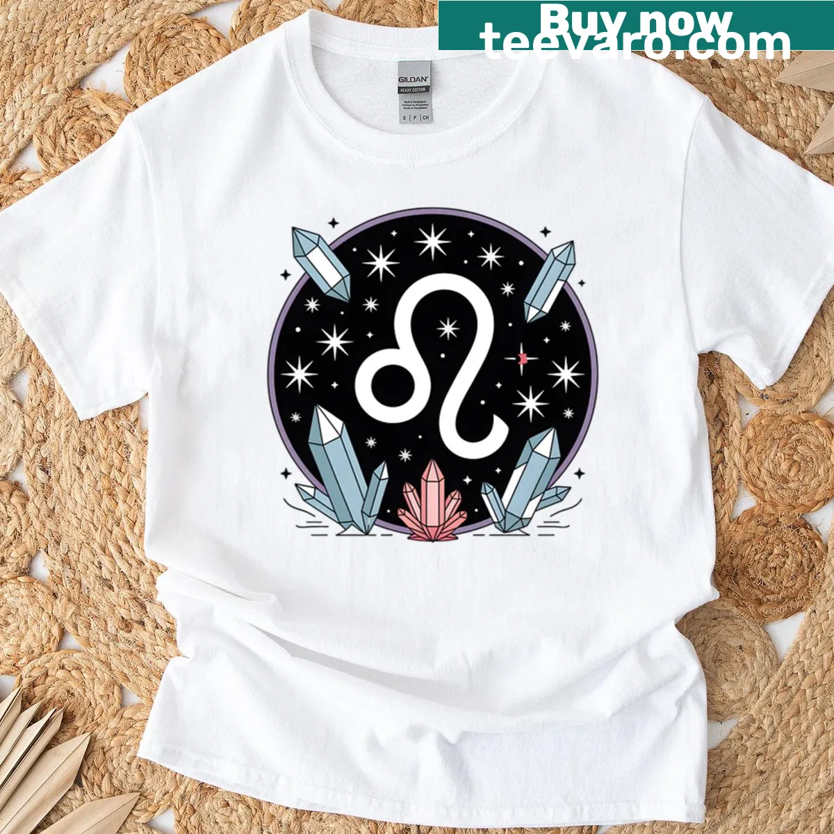 Leo zodiac glyph T-shirt with crystals and stardust design. — on a men's t-shirt