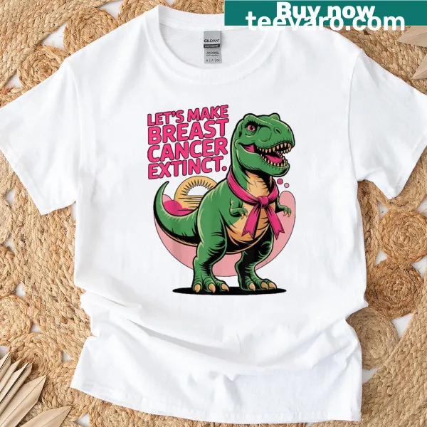 Dinosaur graphic T-shirt advocating for breast cancer awareness