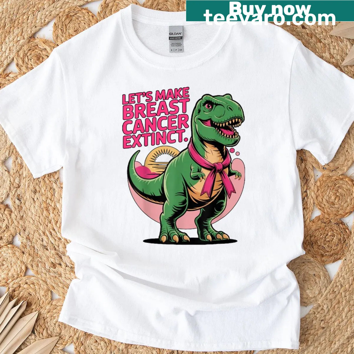 Dinosaur graphic T-shirt advocating for breast cancer awareness — on a men's t-shirt