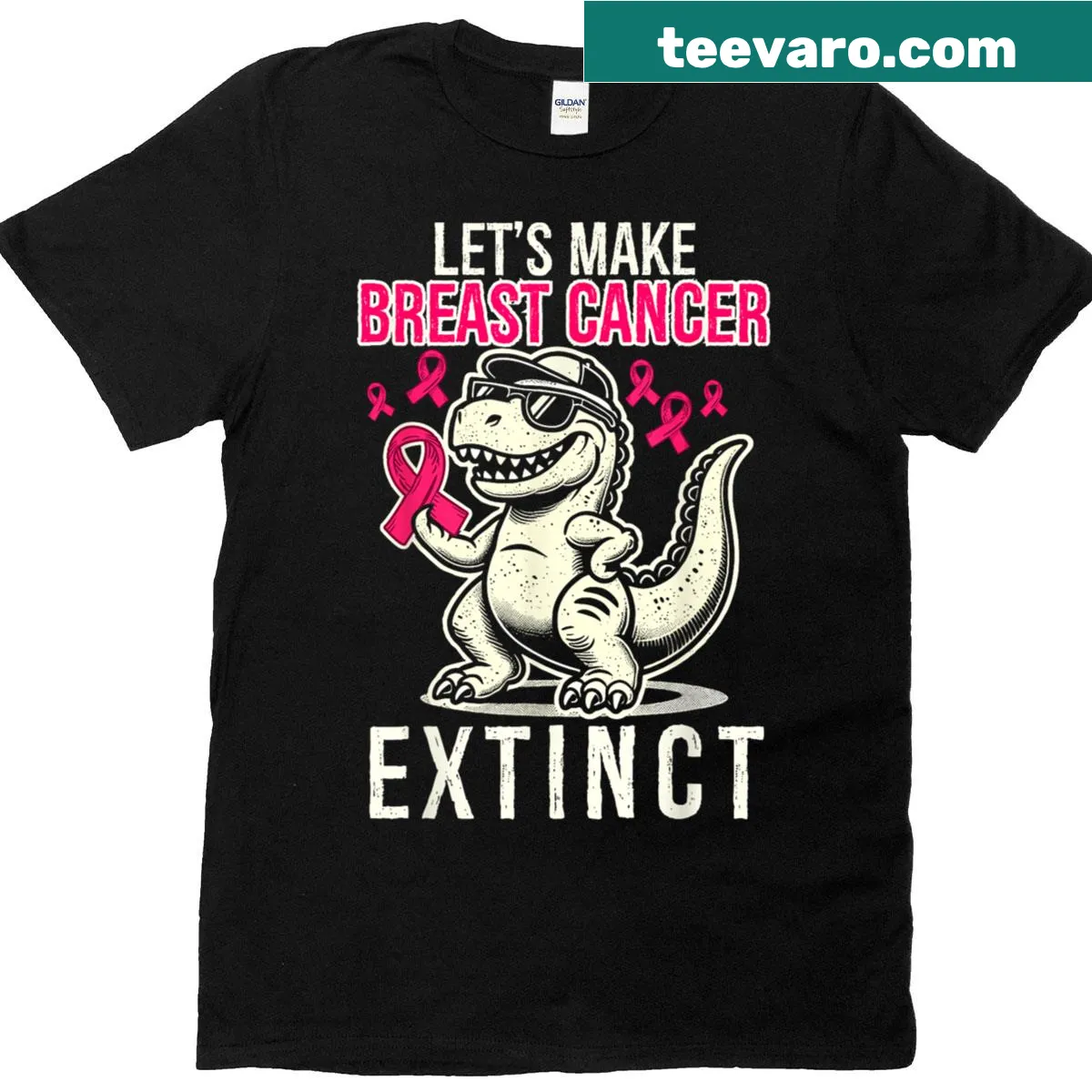 Pink dinosaur graphic with text promoting breast cancer awareness. — on a men's t-shirt