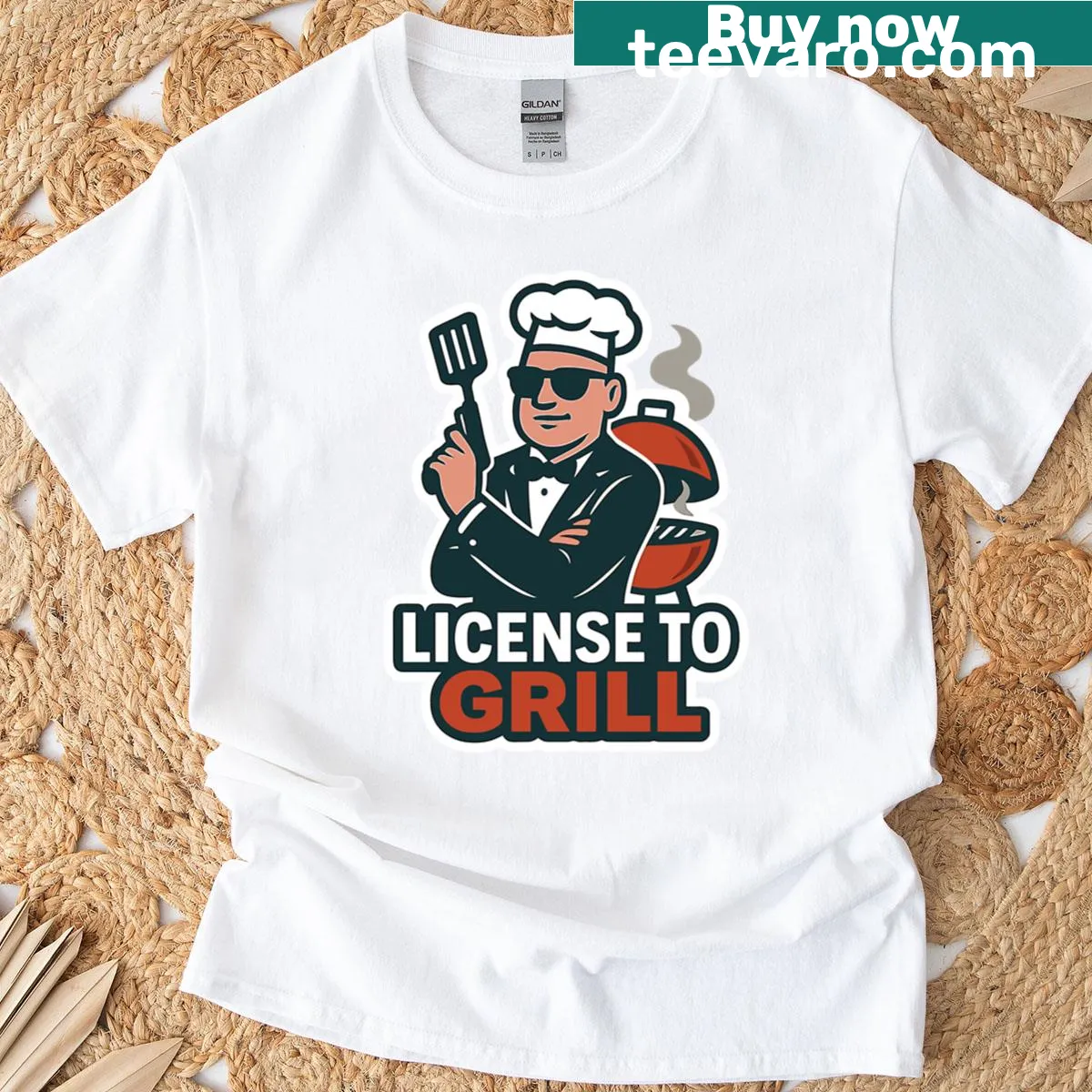 Funny BBQ t-shirt with 'License To Grill' parody design — on a men's t-shirt