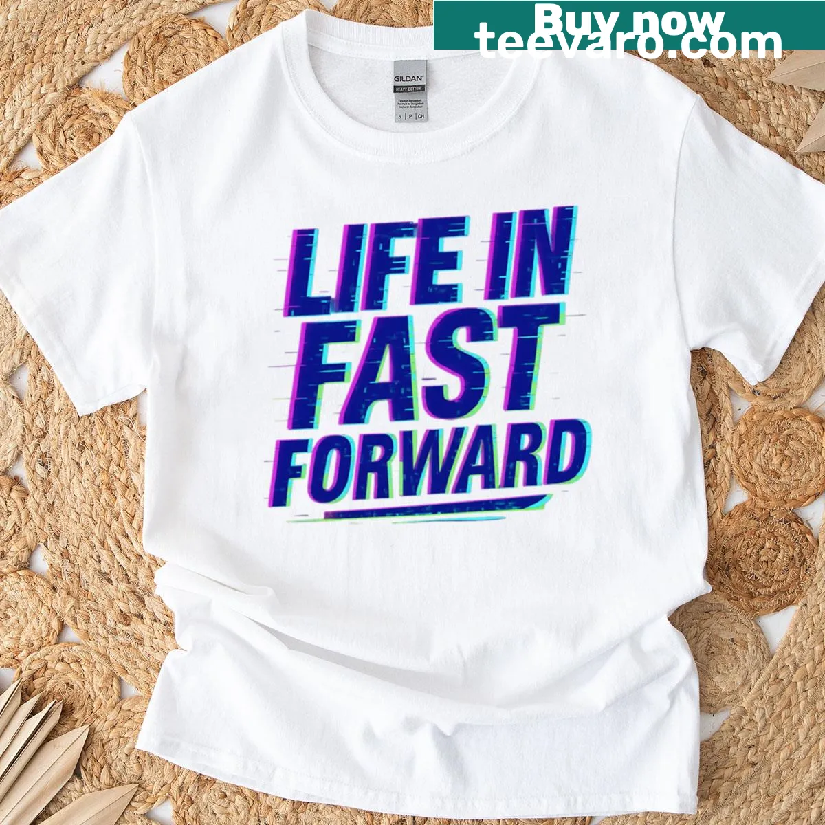 Bold shirt featuring neon text design with a glitch effect — on a men's t-shirt
