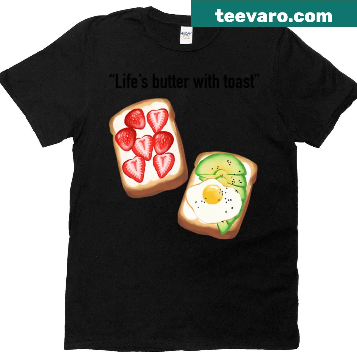 Cute breakfast illustration of toast, strawberries, avocado, and eggs. — on a men's t-shirt