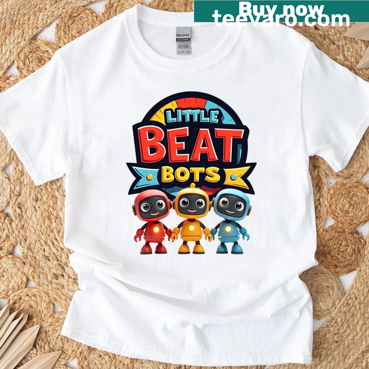 Little Beat Bots logo on a playful t-shirt — on a men's t-shirt
