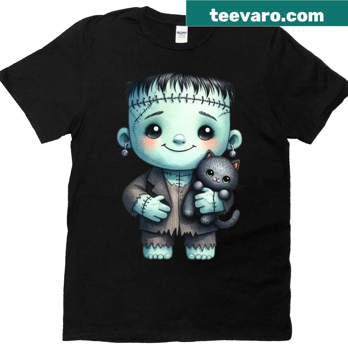 Cute Halloween design featuring Frankenstein and a black cat — on a men's t-shirt