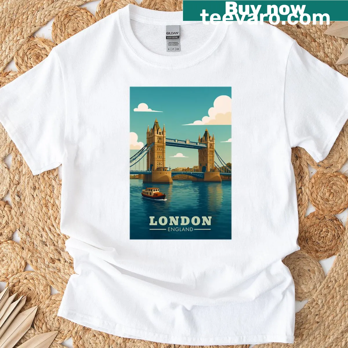 Vintage style T-shirt with a minimal design of London Tower Bridge. — on a men's t-shirt