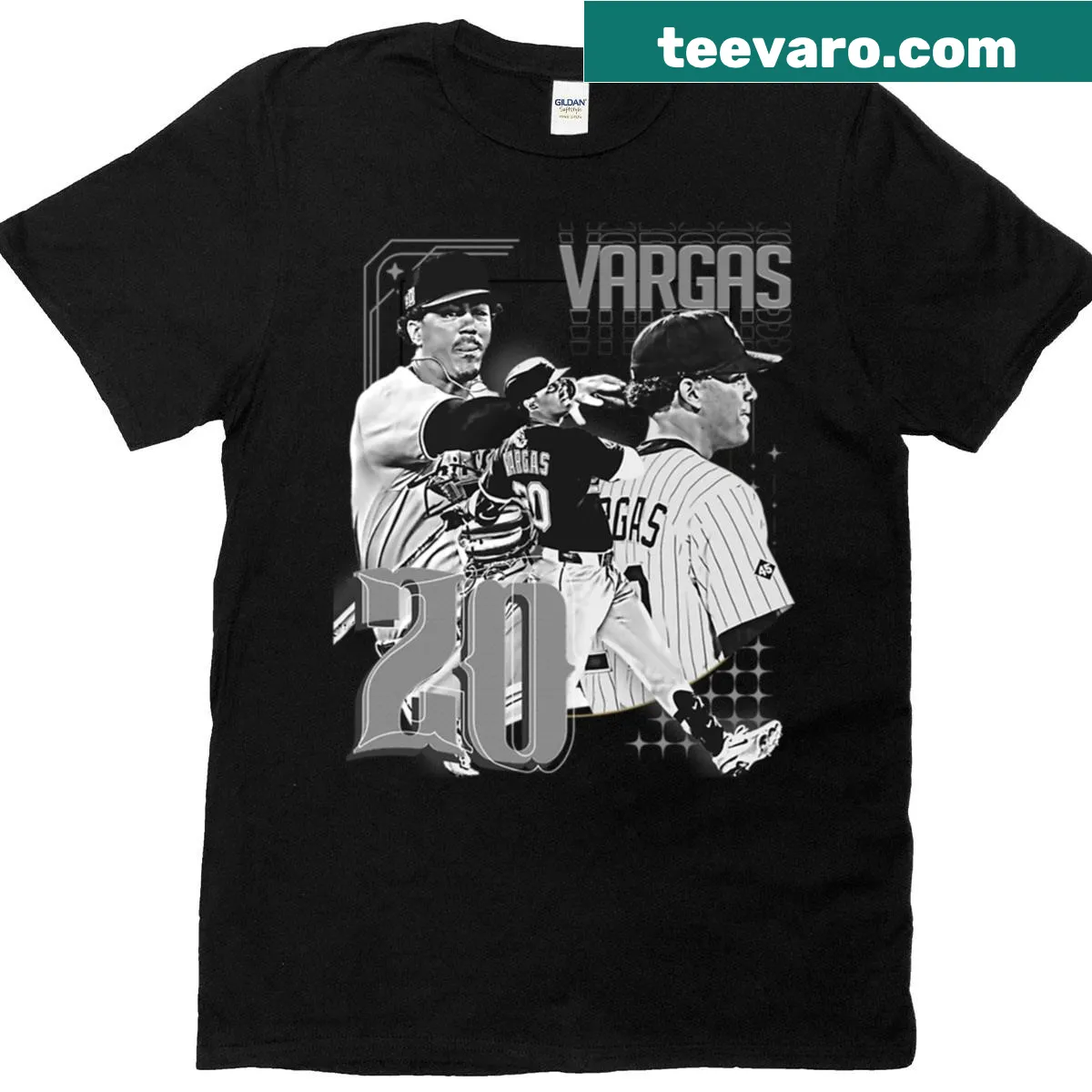 Illustrative baseball player t-shirt featuring M Vargas design — on a men's t-shirt
