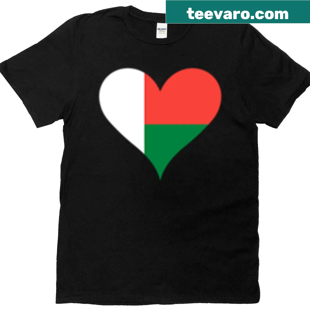 Patriotic t-shirt with Madagascar heart flag design — on a men's t-shirt